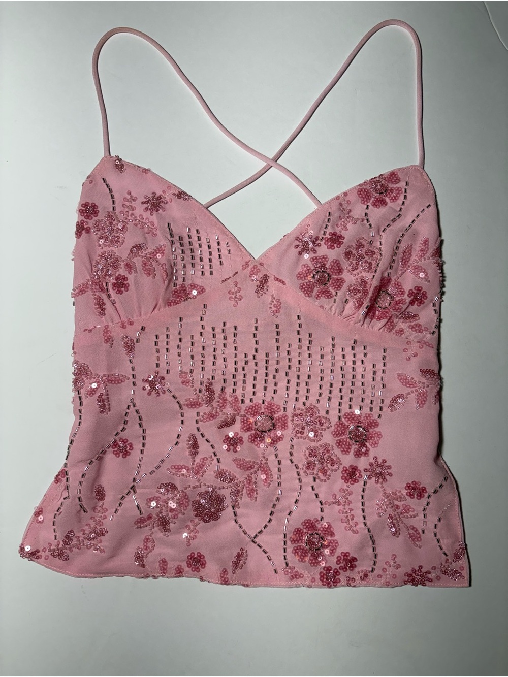 Peppermayo Kamilla V Neck Beaded Open Back Sequin Cami Top US XS Pink New